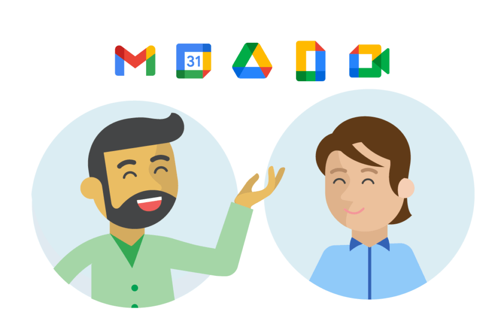 An illustration of two people discussing Google Workspace's apps