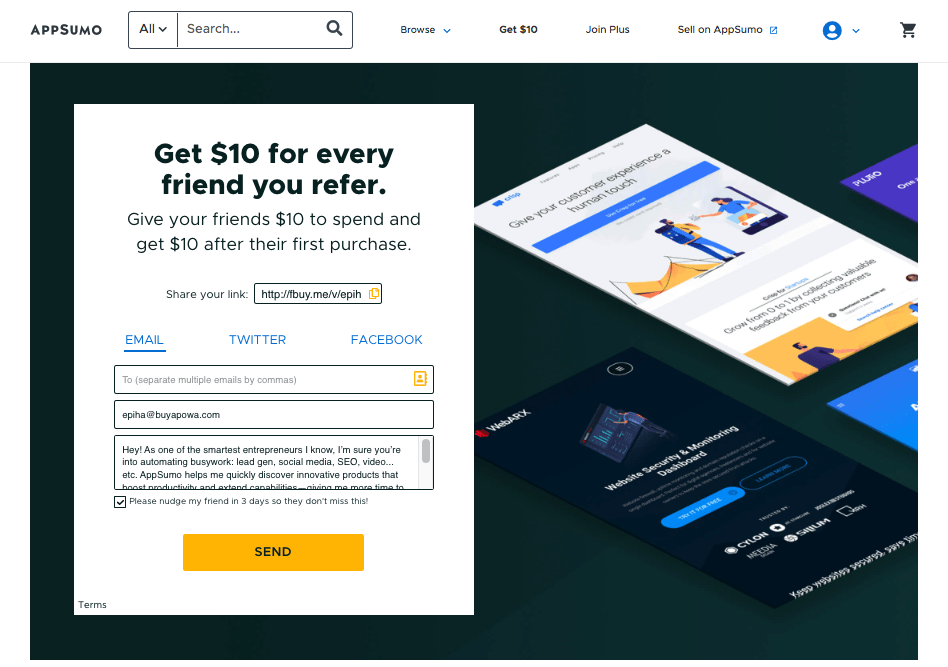 The landing page AppSumo's referral program